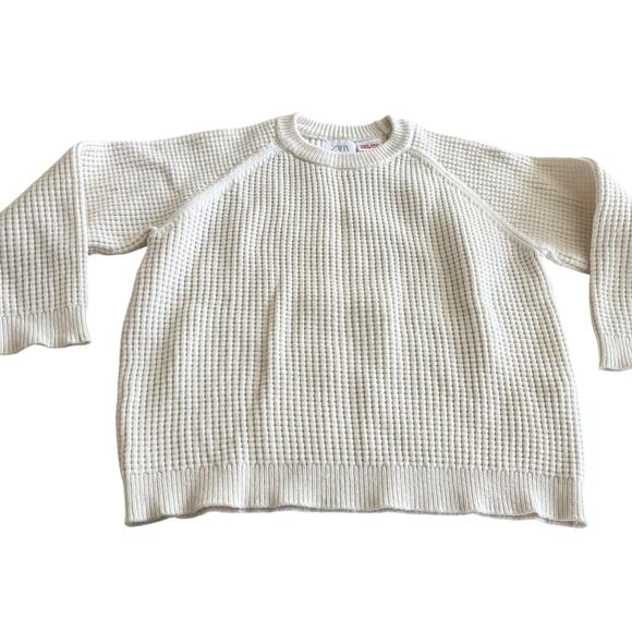 Zara Boys Ecru Waffle Knit Crewneck Sweater - Size 3-4 - Picture 1 of 5